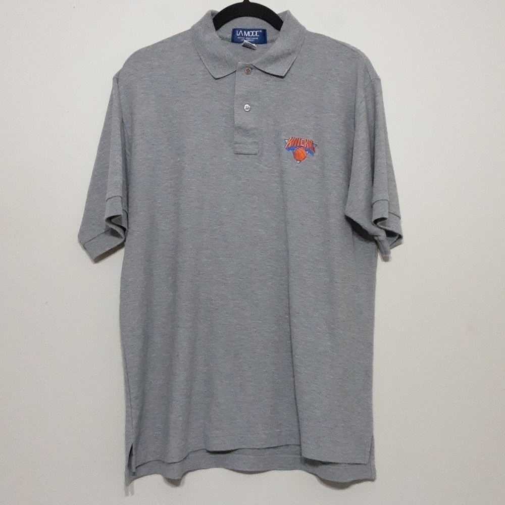 Vintage La Mode Knicks basketball polo shirt mens L  gray knit Sport Y2k